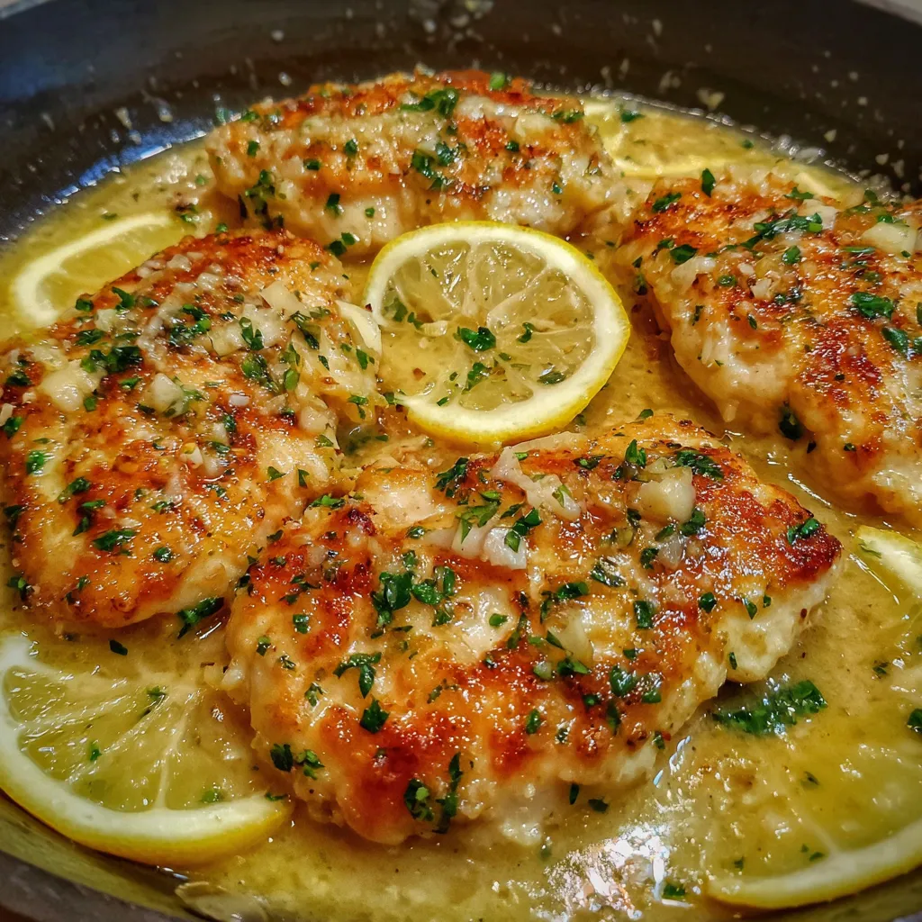 Skillet of lemon chicken with sauce bubbling