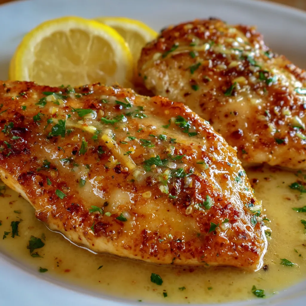 Plate of lemon chicken with rice and lemon garnish