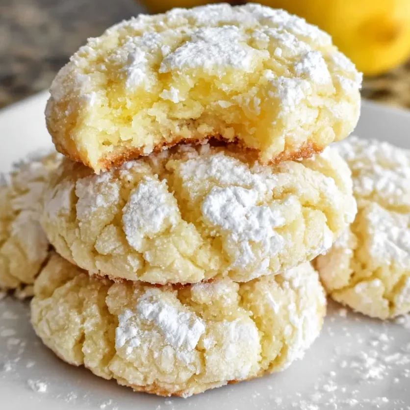 Tray of lemon crinkle cookies cooling on parchment paper