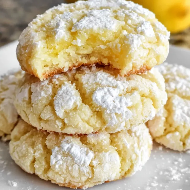 Tray of lemon crinkle cookies cooling on parchment paper