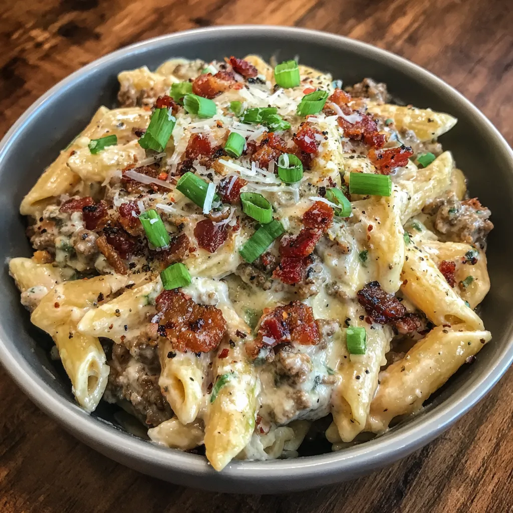Skillet of loaded bacon cheeseburger Alfredo pasta with melted cheese