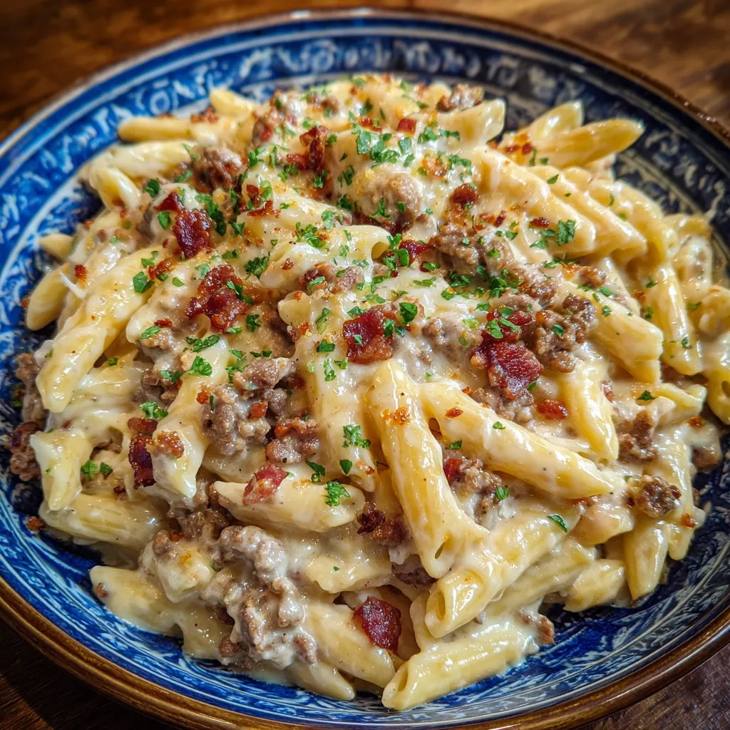 Bowl of creamy bacon cheeseburger pasta garnished with parsley
