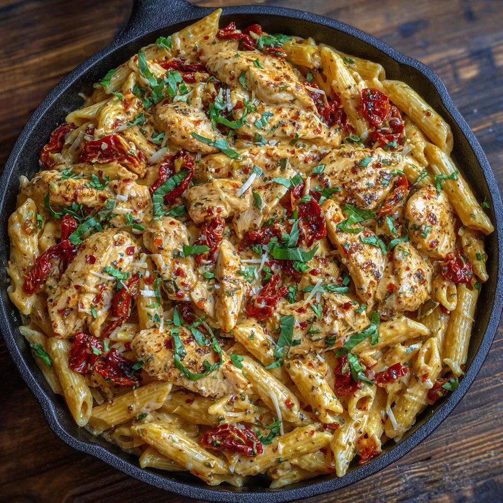 Creamy marry me chicken pasta in a skillet