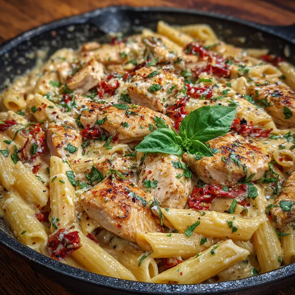 Close-up of pasta with chicken and sun-dried tomatoes