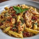 Bowl of creamy chicken pasta topped with basil