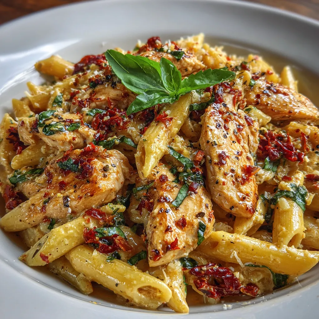 Bowl of creamy chicken pasta topped with basil