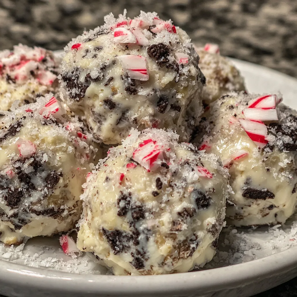 Tray of peppermint bark snowballs on holiday platter
