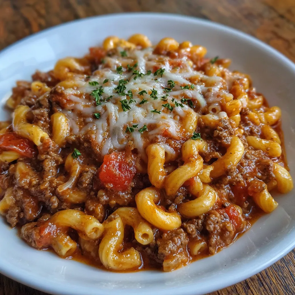 Spoonful of cheesy beef goulash lifted from pot