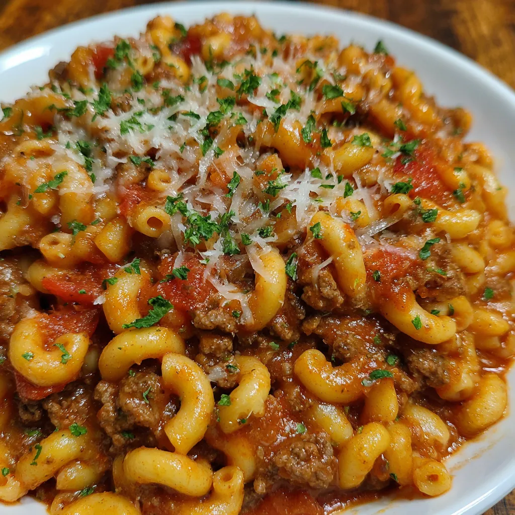 Skillet of goulash bubbling with sauce and cheese