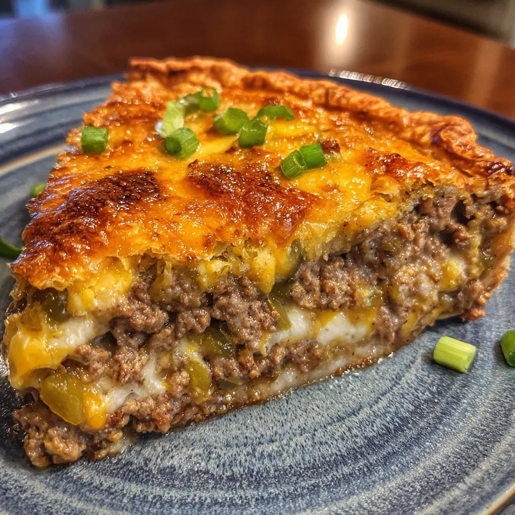 Slice of cheeseburger pie with melted cheese and crust