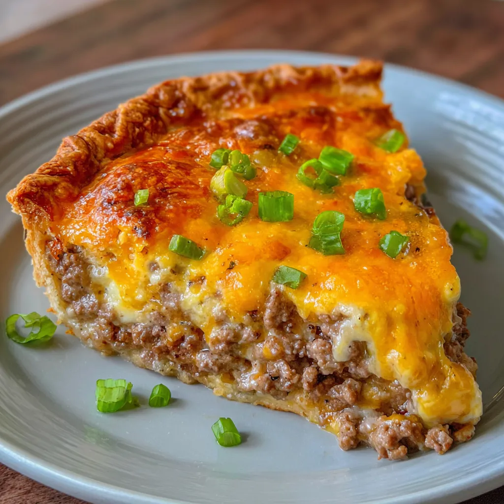 Close-up of cheeseburger pie topped with pickles and cheese