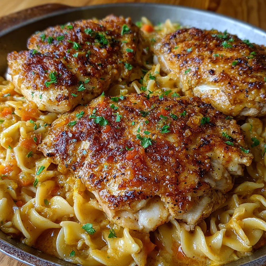 Plate of chicken with noodles and parsley garnish