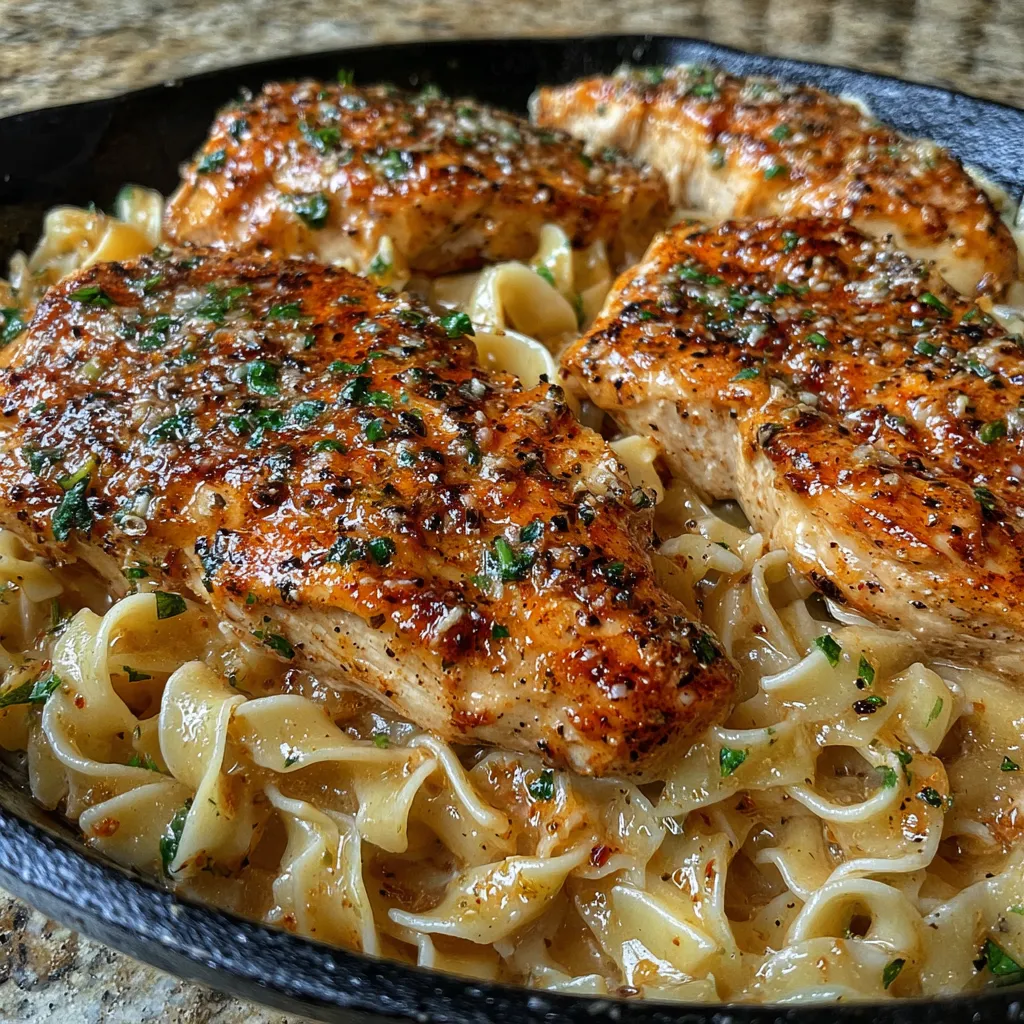 One-pan chicken with buttered noodles in skillet
