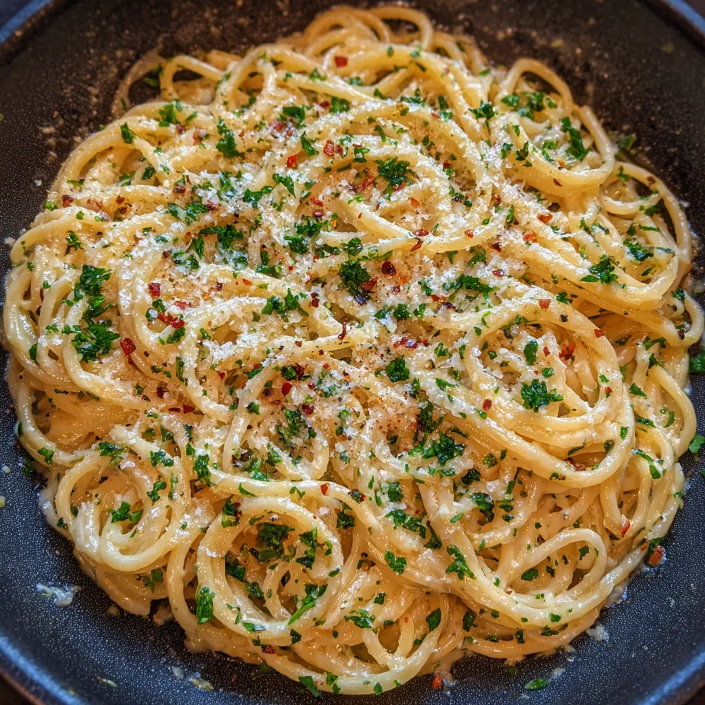 Skillet of creamy garlic pasta topped with parsley