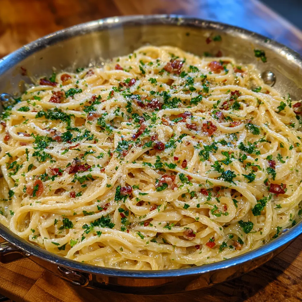Close-up of noodles coated in creamy garlic sauce
