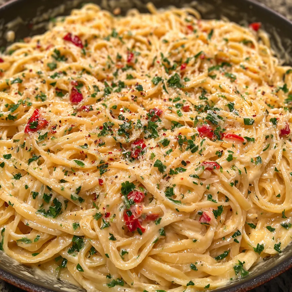 Bowl of creamy garlic pasta ready to serve