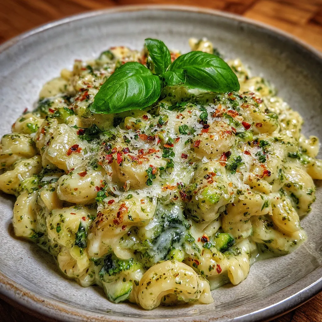 Bowl of creamy pesto pasta with Parmesan and basil