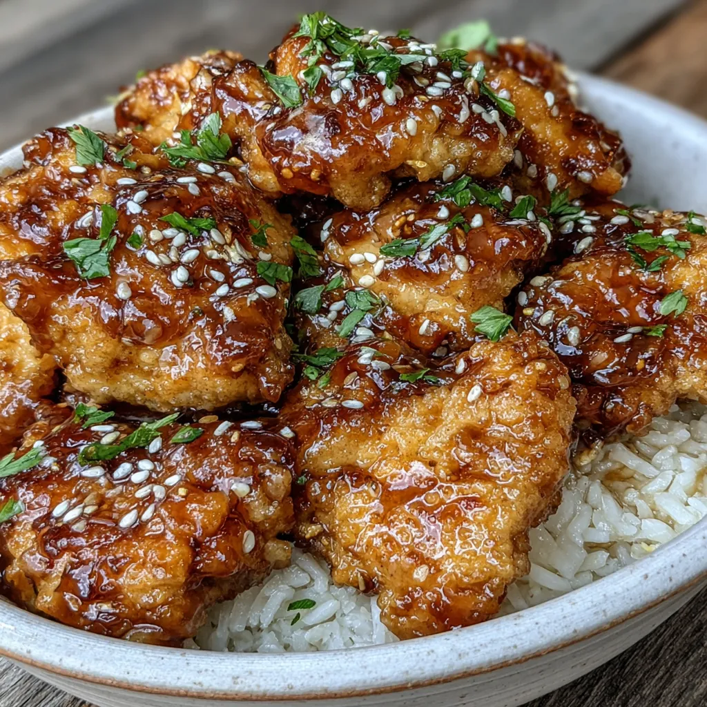 Sauce-coated chicken in skillet with orange slices nearby
