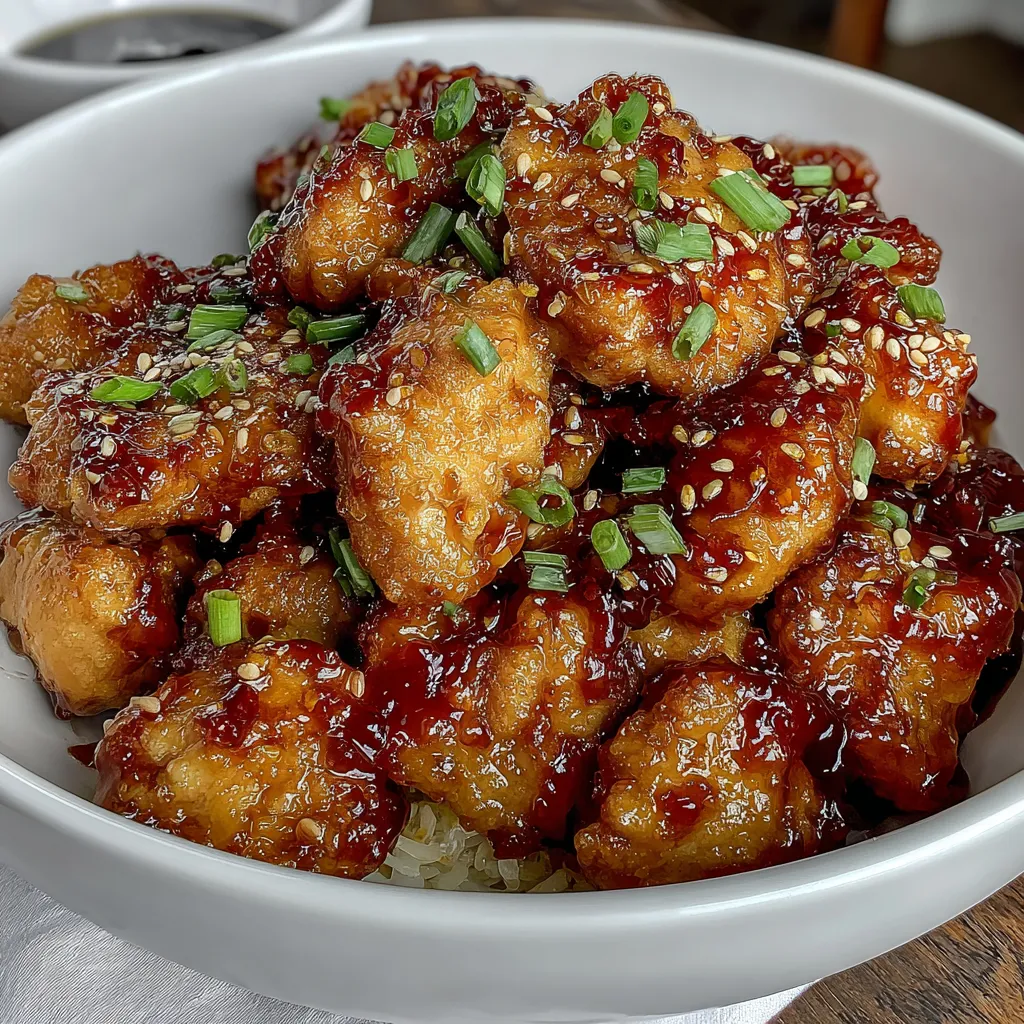Skillet of orange chicken coated in glossy sauce