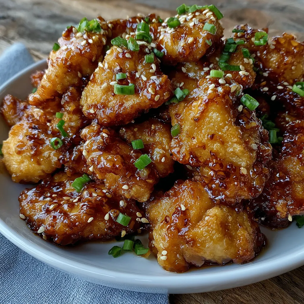 Close-up of orange chicken served with rice and sesame seeds