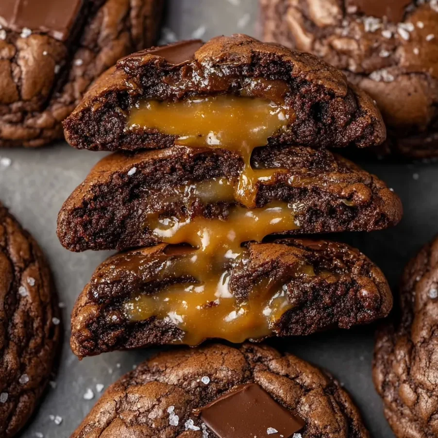Salted caramel chocolate cookies with gooey centers