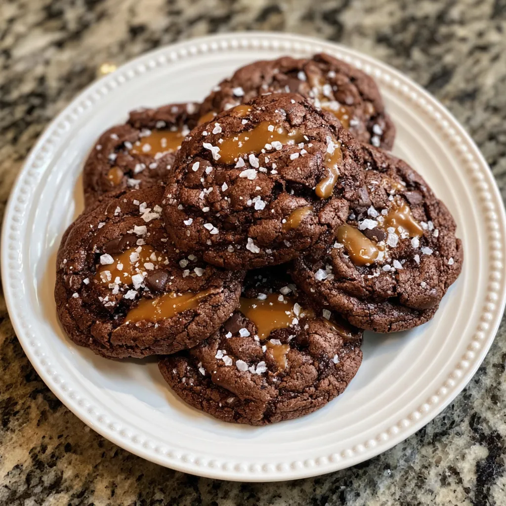 Baking tray of salted caramel cookies fresh from oven