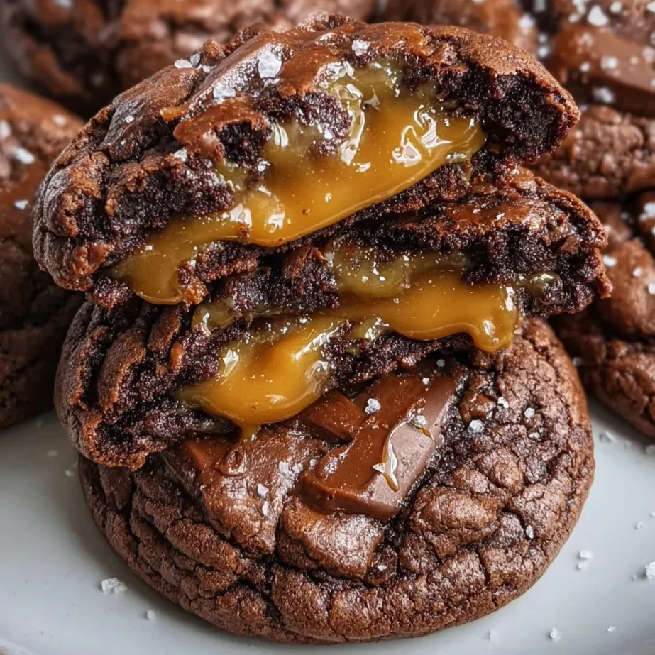 Stack of salted caramel chocolate cookies with caramel drizzle