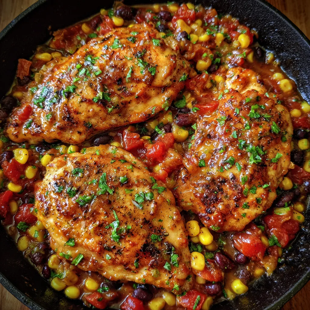 Close-up of cheesy Santa Fe chicken with corn and beans