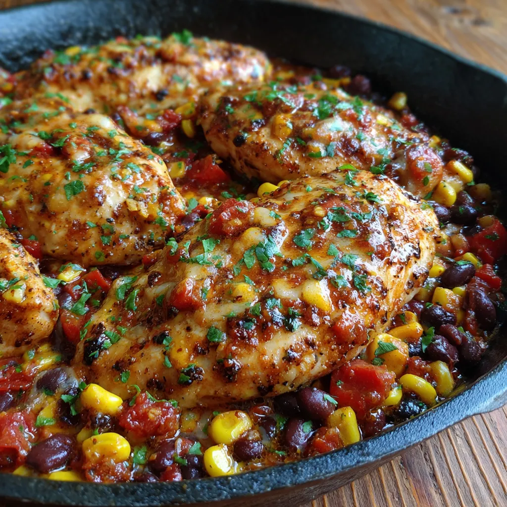 Skillet of Santa Fe chicken served with lime wedges