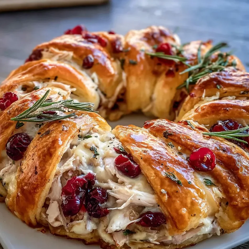 Overhead shot of baked crescent ring with herbs and cranberry garnish