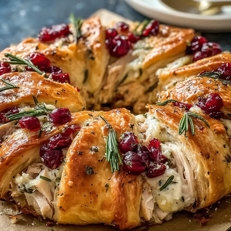 Plated slice of crescent ring with cranberry drizzle