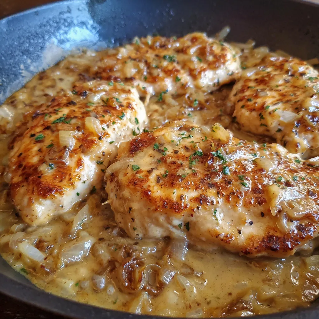 Skillet of chicken garnished with parsley and sauce