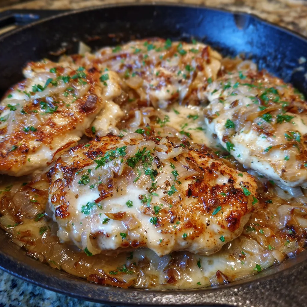Plate of sour cream and onion chicken with mashed potatoes