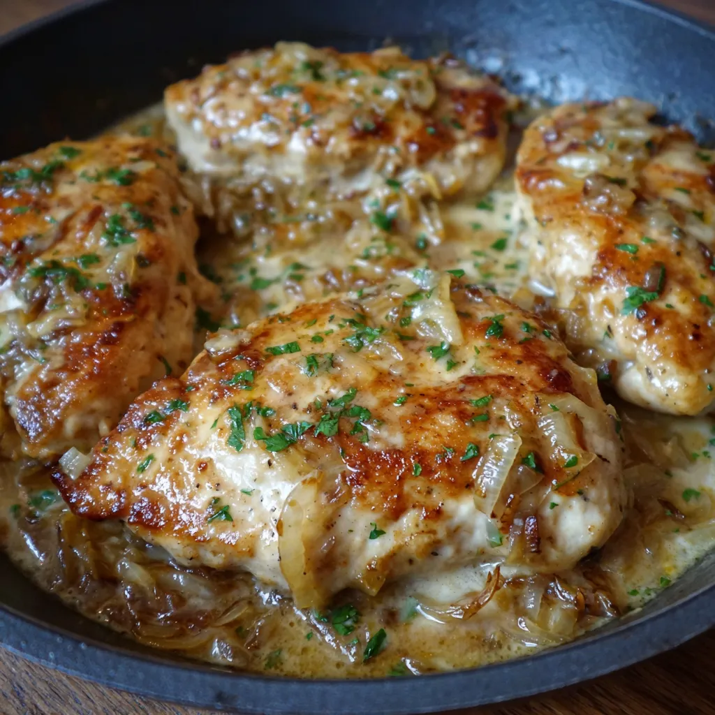Close-up of chicken covered in creamy onion sauce