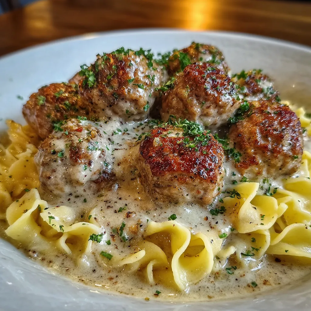 Close-up of meatballs coated in gravy with parsley
