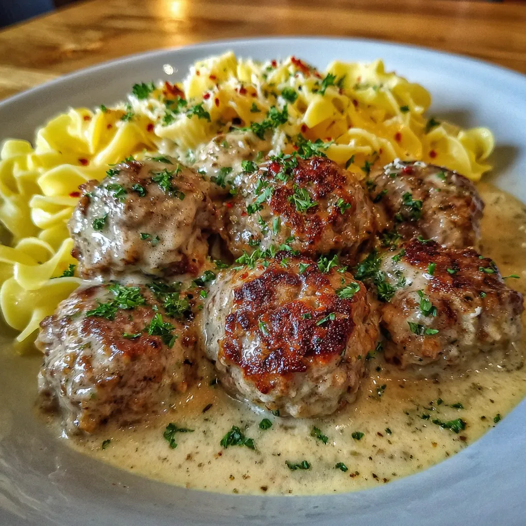 Skillet of Swedish meatballs simmering in cream sauce