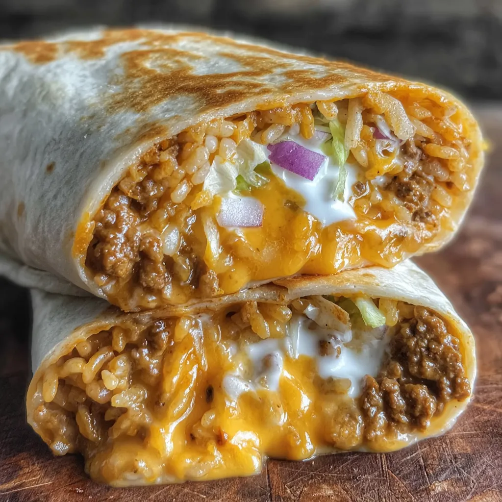 Beefy melt burrito sliced open showing melted cheese and beef