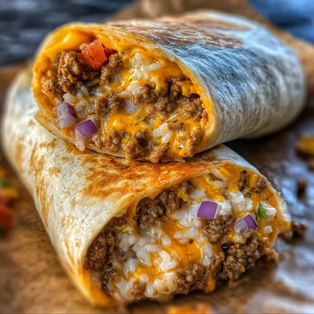Close-up of burrito filling with beef, cheese, and rice