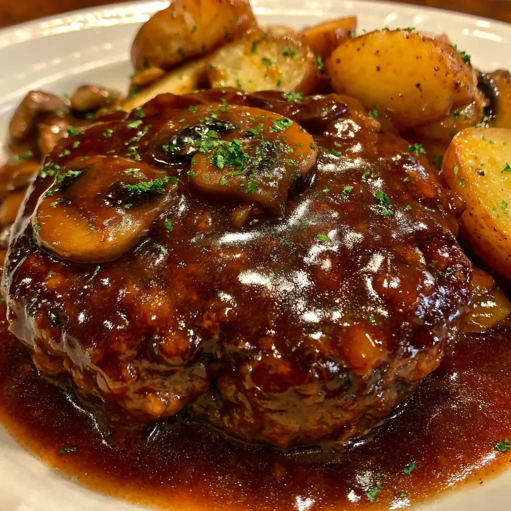 Plate of hamburger steak dinner