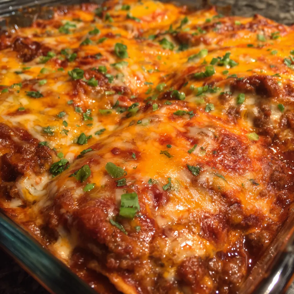 Close-up of enchilada casserole