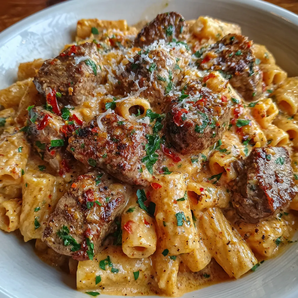 Close-up of steak and pasta