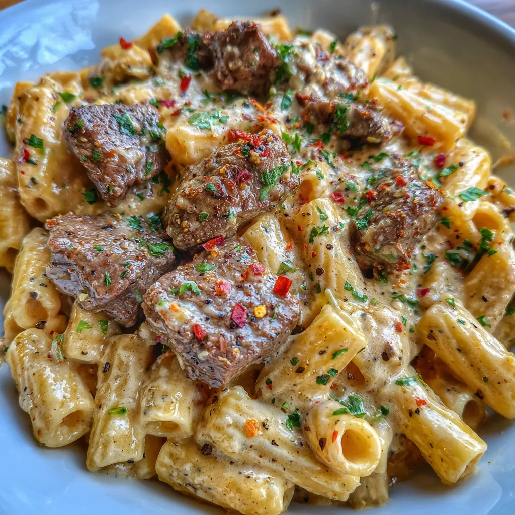 Cajun steak tips with rigatoni