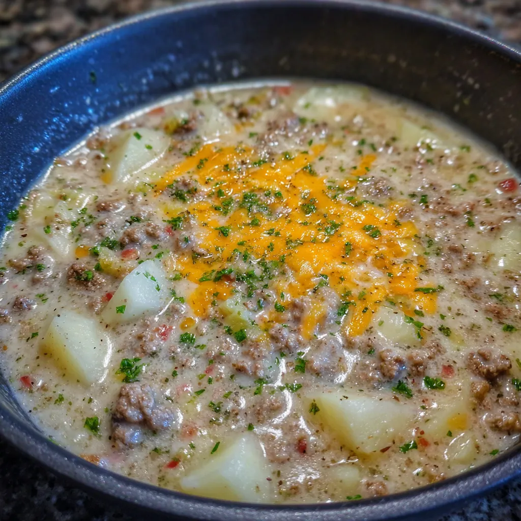 Spoon lifting cheesy soup