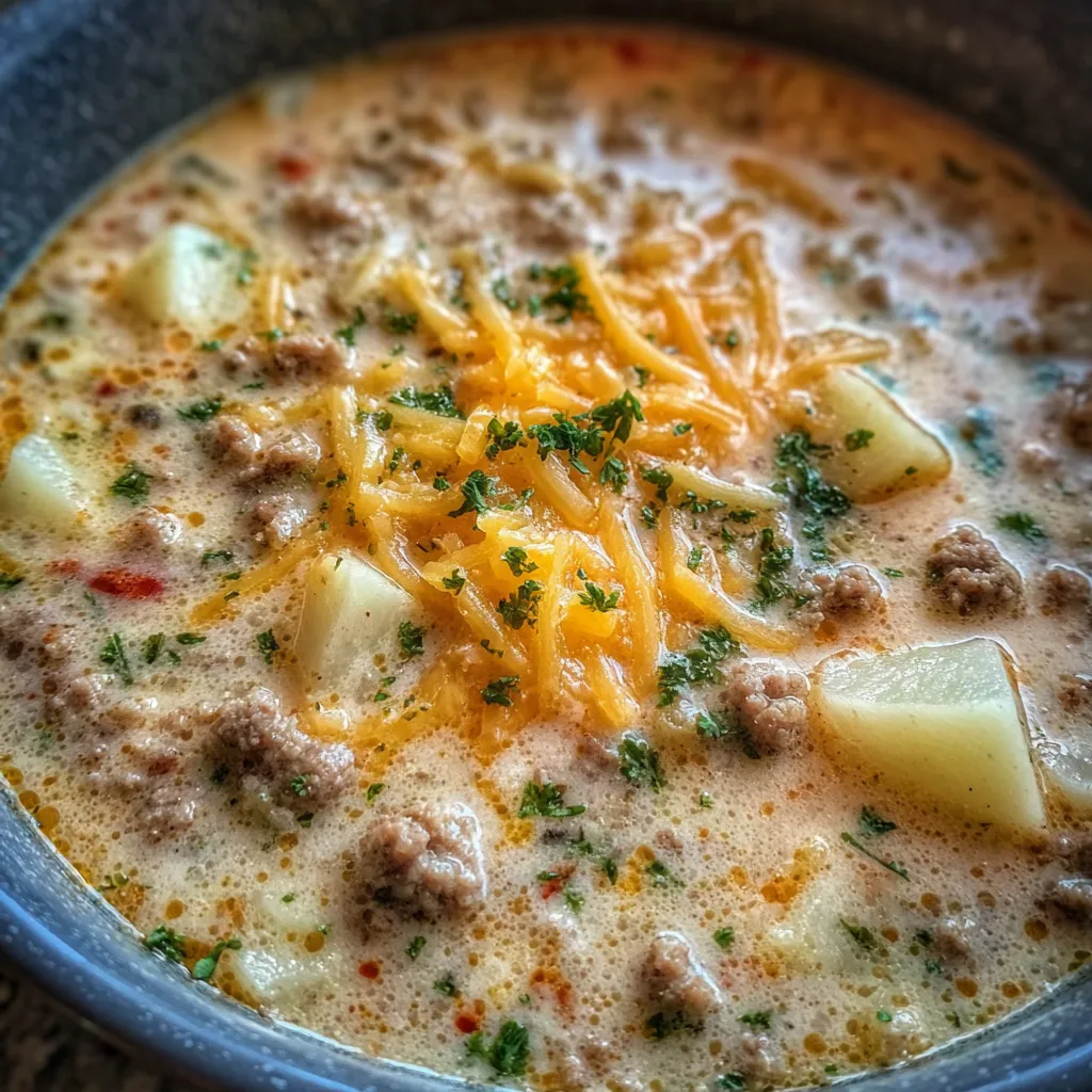 Close-up of creamy beef potato soup
