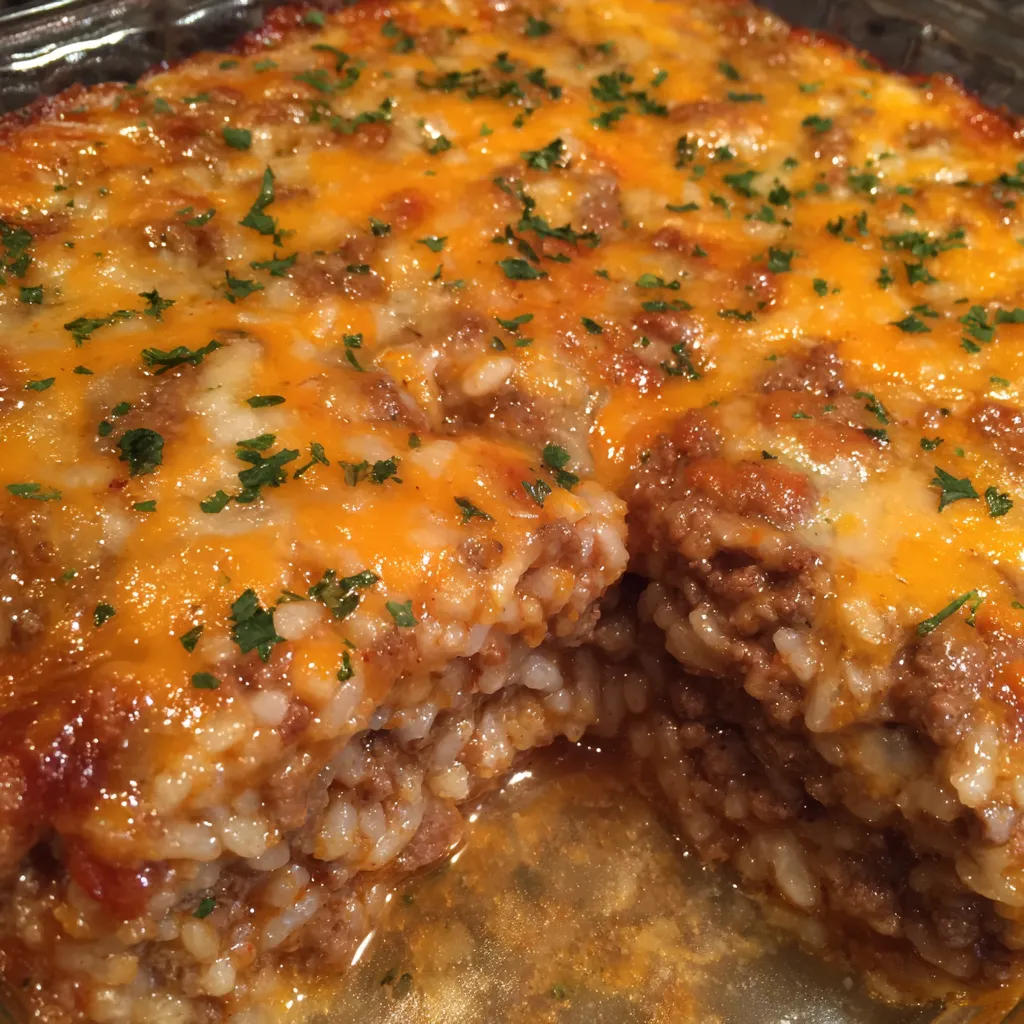 Close-up of cheesy rice casserole