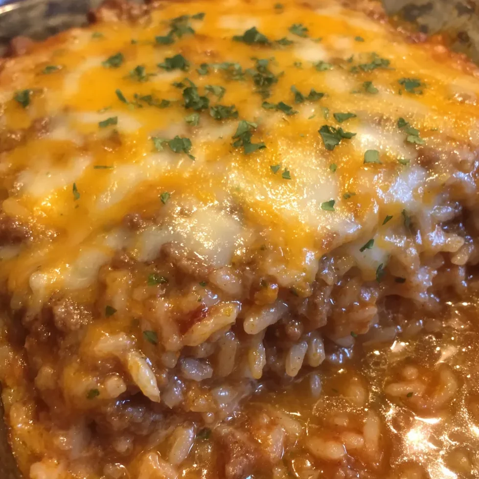 Cheesy ground beef rice casserole