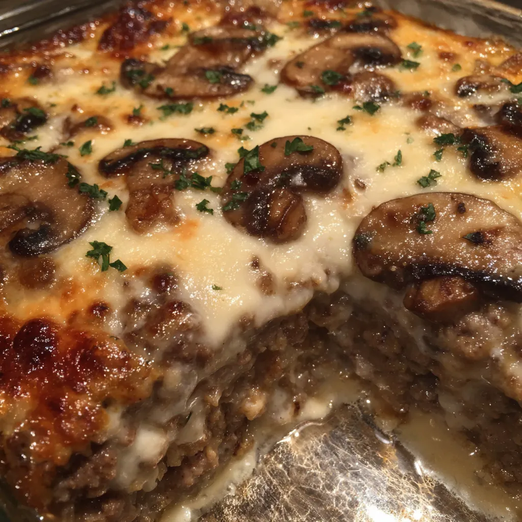 Close-up of mushroom Swiss casserole