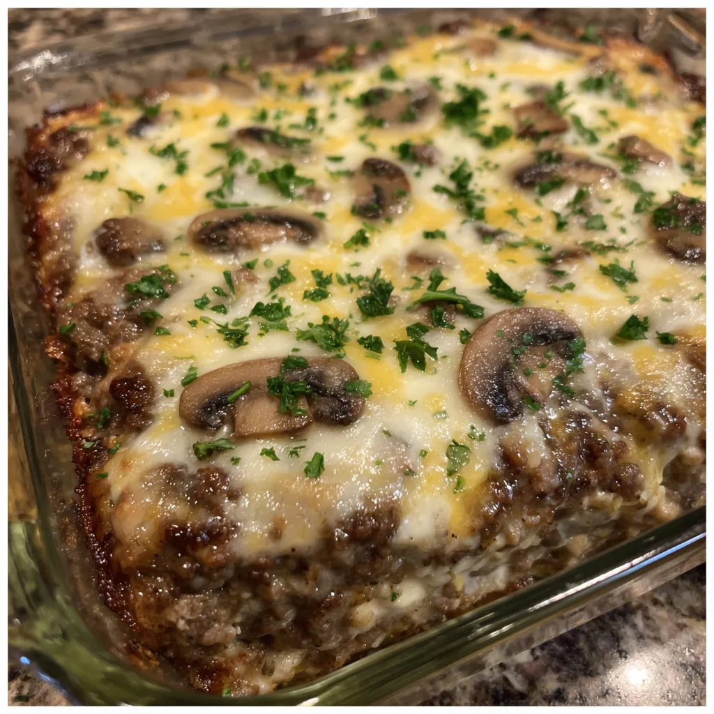 Mushroom Swiss burger casserole