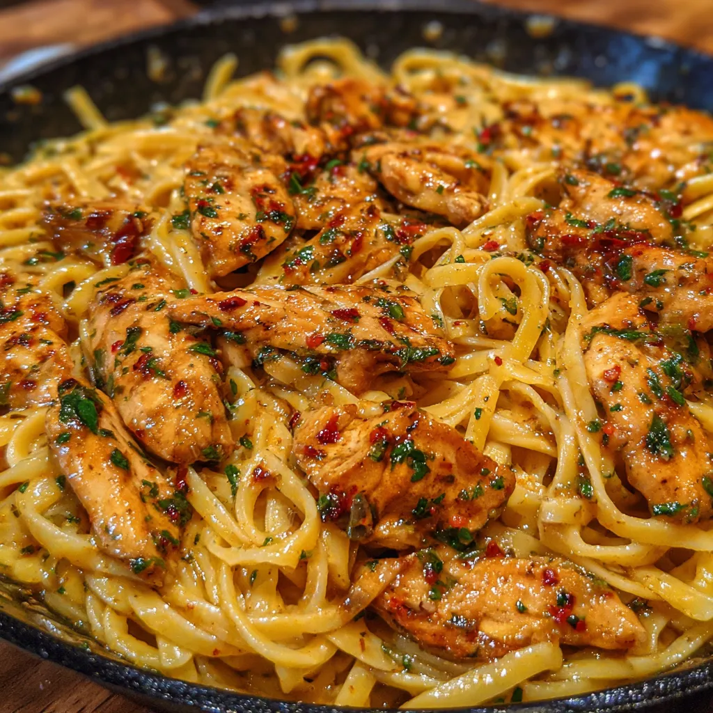 Fork twirling creamy chicken pasta