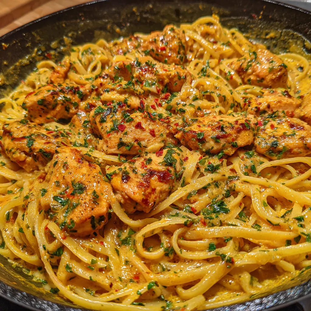 Bowl of chicken pasta topped with parsley
